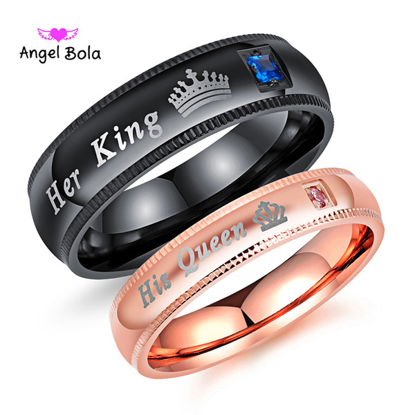 Fashion Romantic Lovers Wedding Rings 316L Stainless Steel Black Rose Gold Color Her King His Queen Letter Couple Ring Jewelry