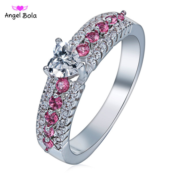 Wedding Band Jewelry Love Engagement Rings Heart Pink CZ Silver Ring Size6 7 8 9 for Women Free Shipping Wholesale