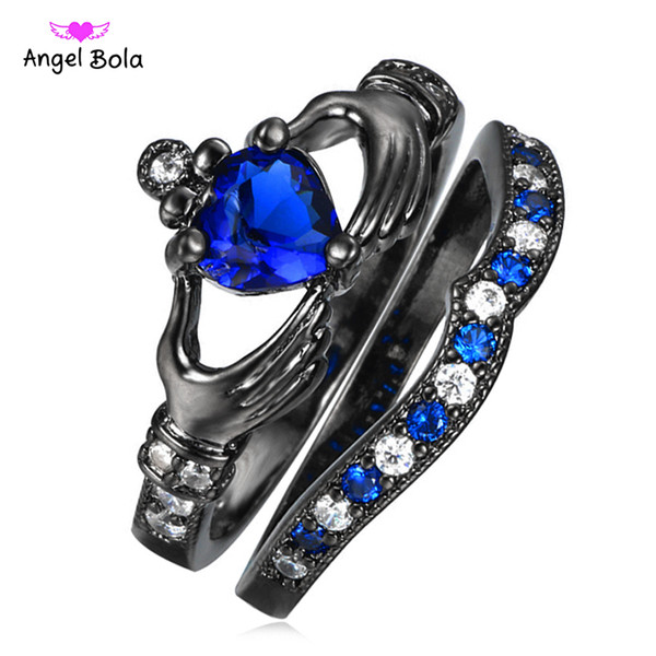 Hot -sale The Created Blue Crystal Love Heart Cubic Zirconia Crown Wedding Ring Sets Silver Color Blue Crystal 2017 New