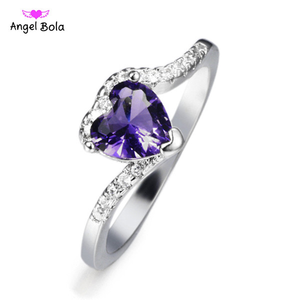 Hot -sale 2018Purple Heart-shaped Women Wedding Ring Lady Gift Jewelry Size 6 7 8 9 Party Jewellery Simulated Zircon Silver Ring