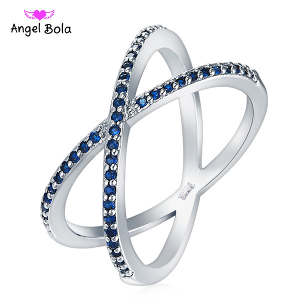 Trendy Silver Color Sapphine CZ Crystal Cross Rings for Women Royal Blue Engagement Ring Jewellery Anniversary Gift