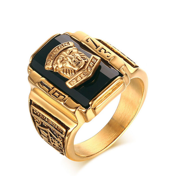 Walton Tigers Head Ring Men Vintage Gold Color Stainless Steel with Black Red Stone for 1973 Army General Soldier Memorial Souvenir Jewelry