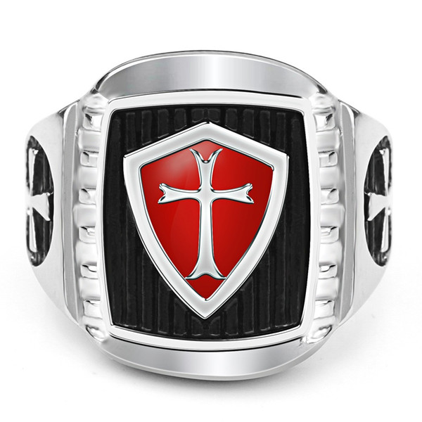 Men Jesus Cross Rings Stainless Steel Red Background 19mm Wide Black Crucifix Christian Ring for Male Biker Knight Lucky Jewelry