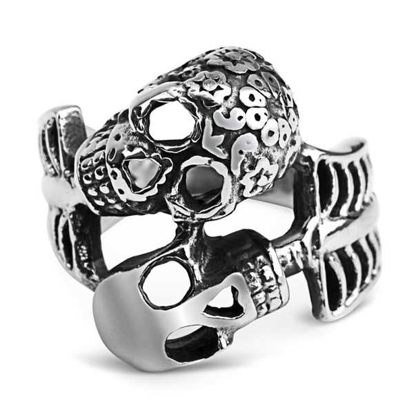 Double Heads Skull Ring Punk Alien Skeleton Finger Rings for Male Pirate Viking Man Biker Halloween Party Jewelry Gift