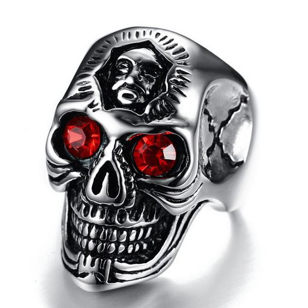 Men Stainless Steel Skull Ring with Crystal Rhinestone Red Stone Eye for Man Unique Punk Jewelry Male Biker Halloween Crazy Gift