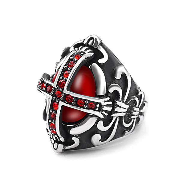 Jesus Cross Ring for Men with Red Stone 28mm Wide Stainless Steel Crucifix Christian Lucky Finger Jewelry Male Biker Knight Accessories