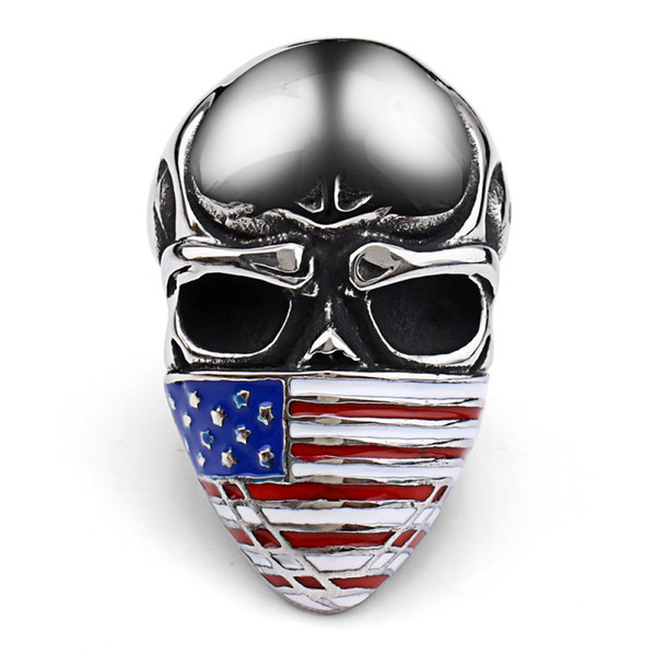 Punk Skull Rings Men Large Titanium Steel Mysterious Masked USA National Flags Skeleton Finger Toys for Male Biker Fancy Halloween Jewelry