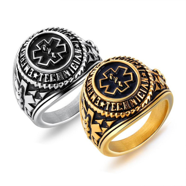 Emergency Medical Technician Ring Men Gold Silver Color Stainless Steel Special Symbol for Male Doctor Nurse Vintage Statement Jewelry