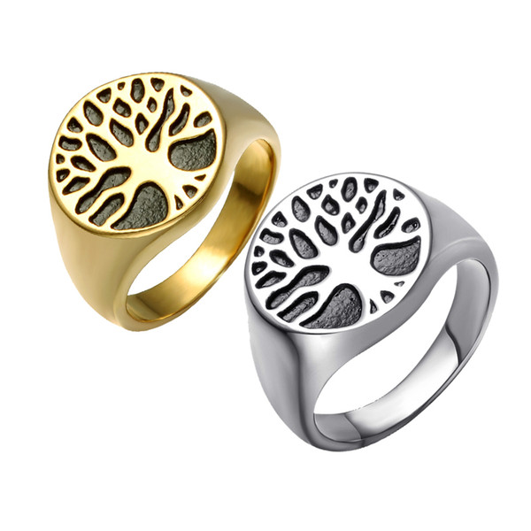 Vintage Carved Life Tree Ring Geometric Stainless Steel Glossy Plated Gold Silver Round Ring For Men Hip Hop Jewelry Accessories Wholesale