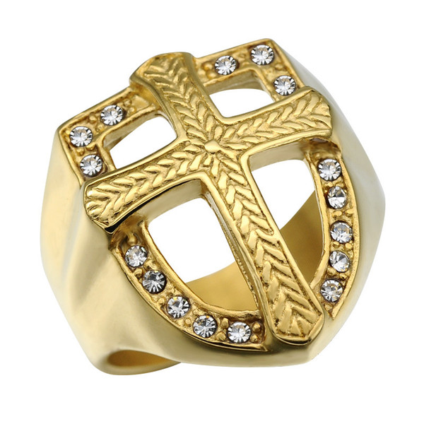 Men Hip Hop Shield Shape Wide Ring Geometric Stainless Steel Vintage Cross Rhinestone Ring Fashion Gold Plated Jewelry Accessories Wholesale