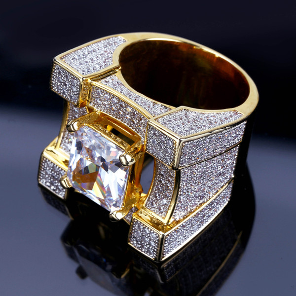 Exaggeration Luxurious Big Crystal Ring Hip Hop Copper Micro-inlay Zircon Rings For Men Fashion Gold Plated Jewelry Accessories Wholesale