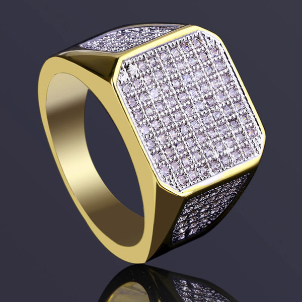 Hip Hop Micro-inlay Zircon Ring For Men Hipster Geometric Square Wide Copper Rings Fashion Glossy Gold Plated Jewelry Accessories Wholesale