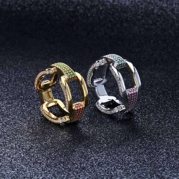 Colorful Zircon Rings Men Hip Hop Copper Wide Chain Shaped Ring With Side Stone Geometric Glossy Gold Plated Jewelry Accessories Wholesale