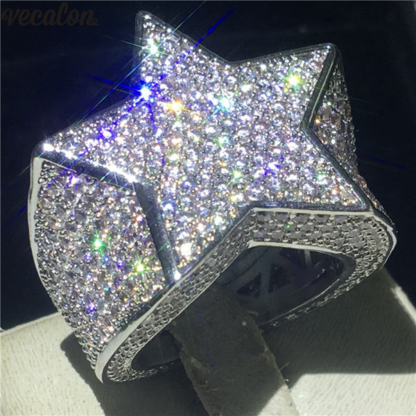 Vecalon Big Star Male Hiphop ring White Gold Filled 500pcs 5A Cz Party Anniversary band rings For men Rock Finger Jewelry