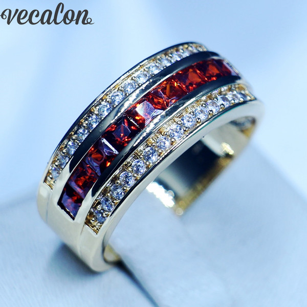 Vecalon New Fashion Jewelry Wedding Band Rings for Men Red 5A Zircon Cz 10KT Yellow Gold Filled Male Party Finger ring