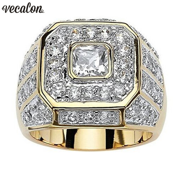 Vecalon Deluxe Male ring Yellow Gold Filled 925 silver Diamonds Cz Party wedding band rings For men Finger Jewelry Gift