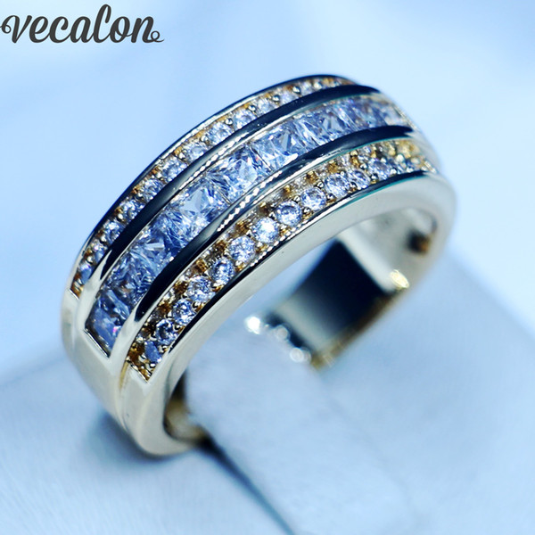 Vecalon New Fashion Jewelry Wedding Band Rings for Men 3mm 5A Zircon Cz 10KT Yellow Gold Filled Male Party Finger ring