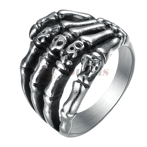 Yoursfs Skull Ring for Men Stainless Steel Ring Band Silver Tone Black Skull Hand Bone Ring for Gift