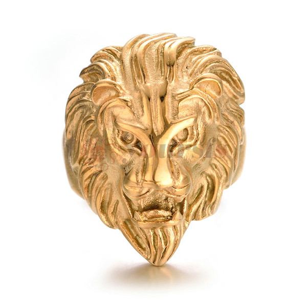 Yoursfs Gold Stainless Steel Lion Ring Biker Gothic Lion Head Ring Black Heavy Thai Unique Men's Cocktail Rings