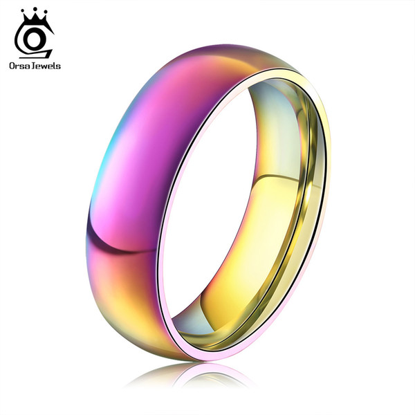 ORSA Classic Men Women Rainbow Colorful Ring Titanium Steel Wedding Band Ring Width 6mm Size 6-12 Gift OTR93