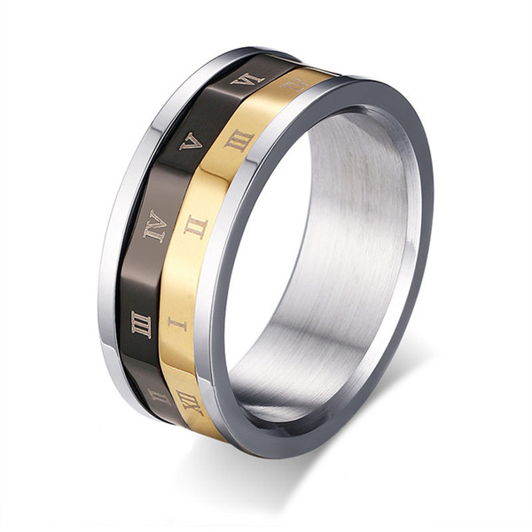 ORSA New Arrival Summer Style Rotatable Roman Numerals Ring Wholesale Titanium Steel Ring Gold Black Mix-color OTR89