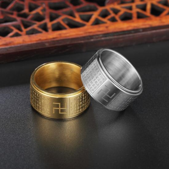 Fashion gold silver stainless steel ring Six-word mantra Buddhism man finger ring jewelry