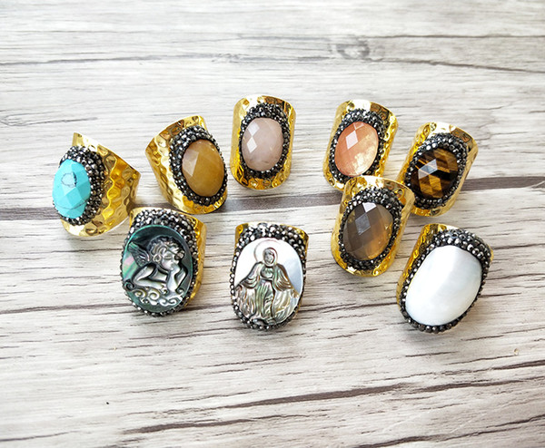 5pcs/lots Gold color jewelry Virgin Mary shell rings,Natural stone cuff rings,Pave Crystal Rhinestone Jewelry Finger Druzy R187