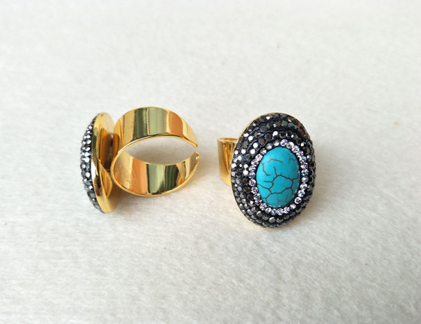 6pcs Gold color Natural turquoise tophus stone rings,Pave Crystal Rhinestone Jewelry Finger Ring R75