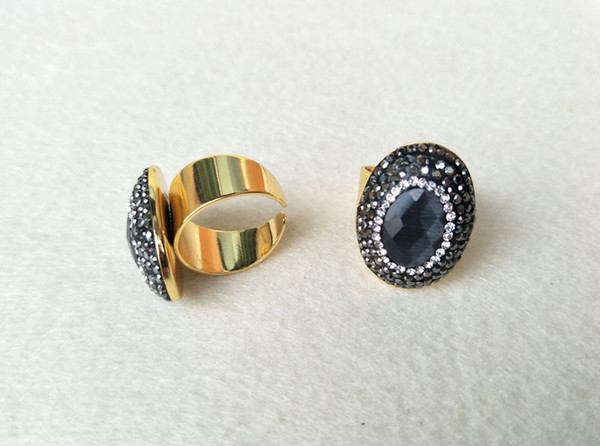 6pcs Gold color Natural black opal stone rings,Pave Crystal Rhinestone Jewelry Finger Ring R76