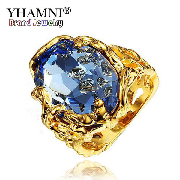 YHAMNI New Unique Gold Color Crystal Engagement Ring With Big Blue Diamond Wedding Rings For Women Ring R289