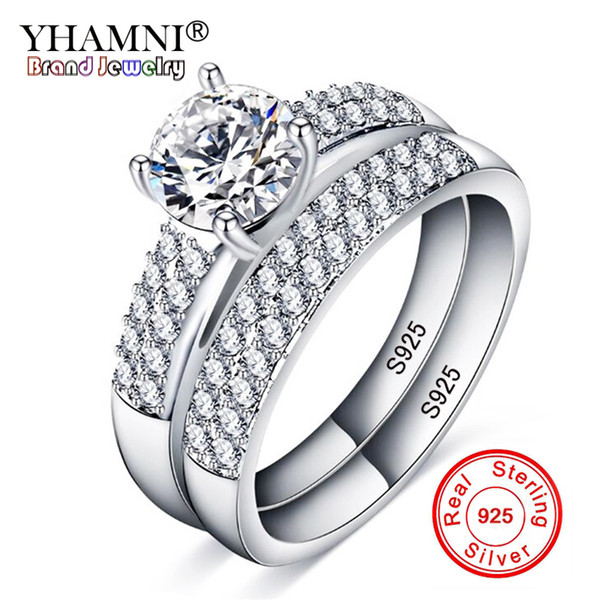 YHAMNI 2pcs/set 100% Original Pure Silver Engagement Wedding Ring Set For Lady Women Natural Cubic Zircon Jewelry Rings Gift R021