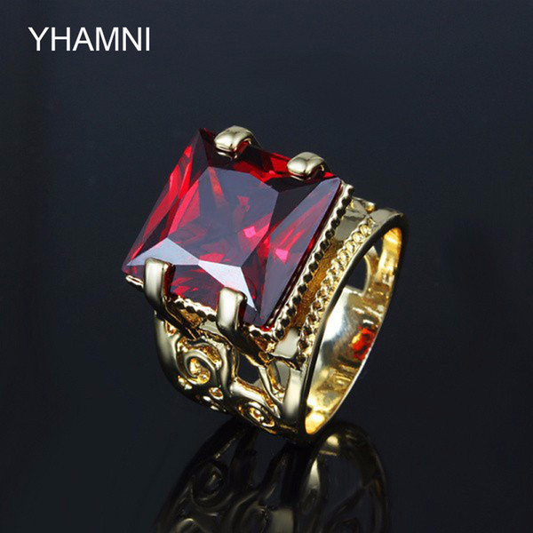 YHAMNI Luxury Jewelry Lovers Engagement Ring With Gold Filled Big Red Gem CZ Stone Wedding Rings For Women R575