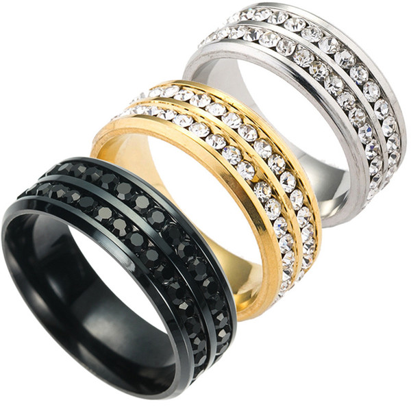 Double Lines Crystal Titanium Ring 316L Stainless Steel Male Ring Black White Oil Drip Silver Rose Gold Men Finger Rings Jewelry Large Size