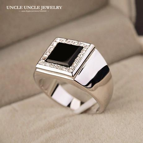 For Man White Gold Color Square Black Onyx Rhinestones Setting Finger Ring Wholesale