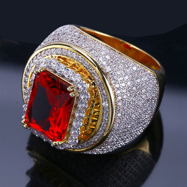 Cluster Rings Jewelry Fashion Exquisite 18K Gold Plated Geometric Men's Hip Hop Rings Wholesale Big Red Zircon Micro Pave Finger Rings LR008