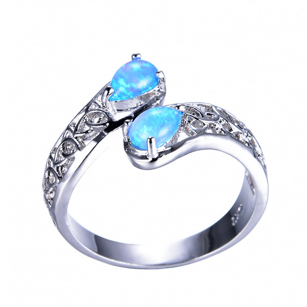 2 Pcs 1 Lot Valentine's Day Gift Flower Fashion Rings High Quality Vintage For Women Blue White Fire Opal Rings