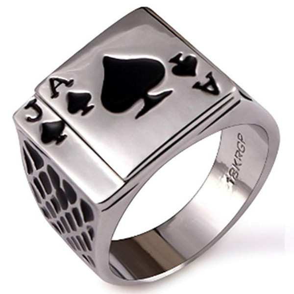 18K White Gold Plated Cool Black Enamel Poker Ring for Men Nice Gift Jewelry Rings for Boyfriend Fasion Accessory Size 7,8,9,10,11,12