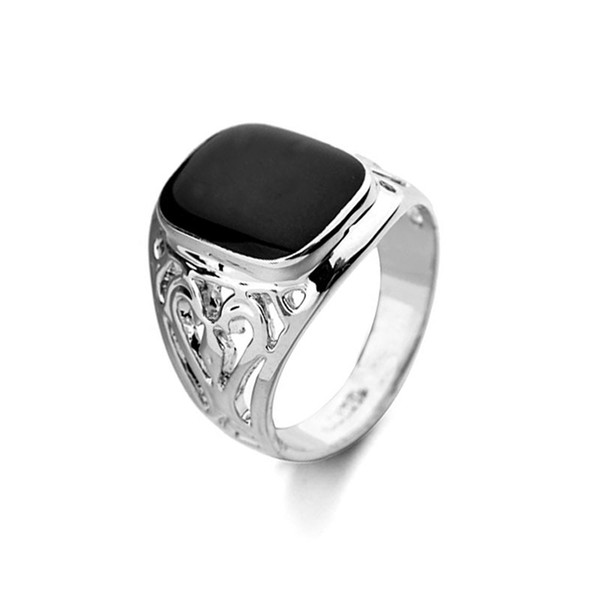 Fashion 18K White Gold Plated Hollow Out Black Enamel Men Ring Bijoux Man Ring Black Wedding Jewelry Anillos De Hombre Gift