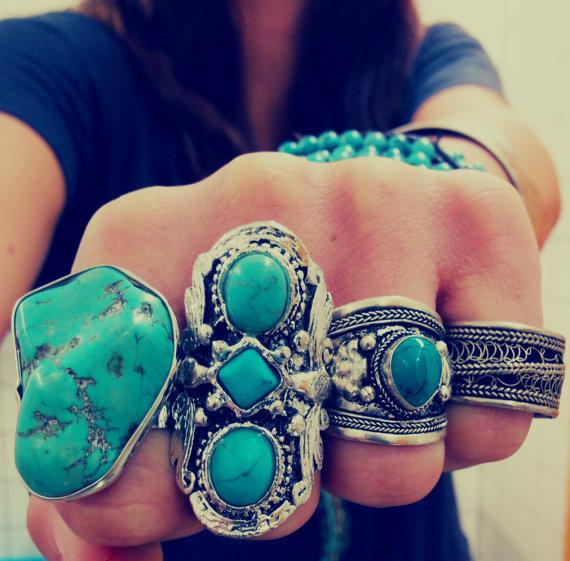 One Style Vintage Style Turkish Silver Alloy Custom Carving Antique Persian stone statement Turquoise Finger Rings