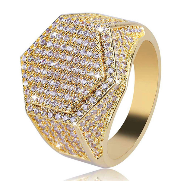 New Fashion Hiphop Hexagon Rings For Men Top Quality Brand Design 18K Gold Plated Hip Hop Jewelry Bling Ice Out Hip Hop Ring