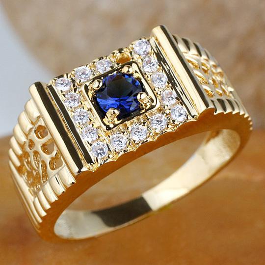 Men Gold Plated Ring with 4.5mm Round Simulated Blue Sapphire R125J Size 9 10 11 12 Fashion Jewelry