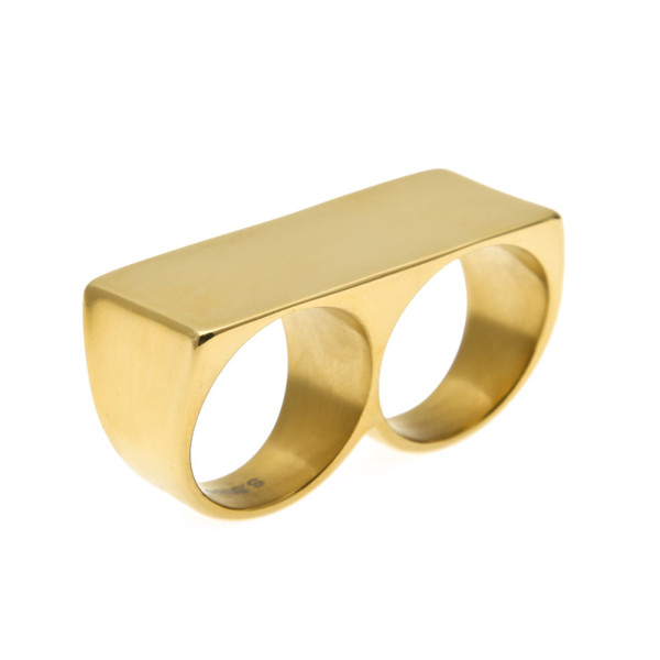 Creative Hip Hop Two-finger Ring For Man Geometric Glossy Gold Plated Stainless Steel Simple Ring Fashion Jewelry Accessories Wholesale