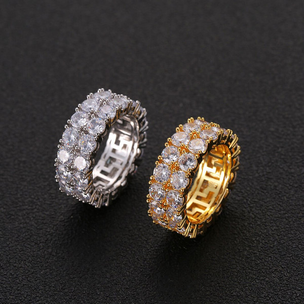 Two Row Solitaire Men's Ring Copper Charm Gold Silver Color Cubic Zircon Iced RING Fashion Hip Hop Jewelry