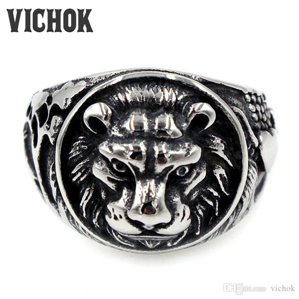 316L Stainless Steel Ring Lion Head Stainless Steel Finger Ring Antique Men's Round fashion Silver Men Casting Rings VICHOK