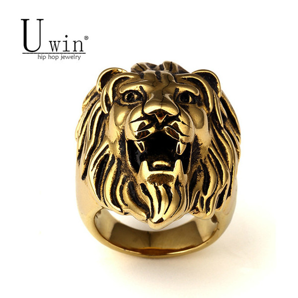 Men Stainless steel Ring Hip hop Punk Style Vintage Golden Color Black Oil Lion Head Rings Jewelry Size 7-15