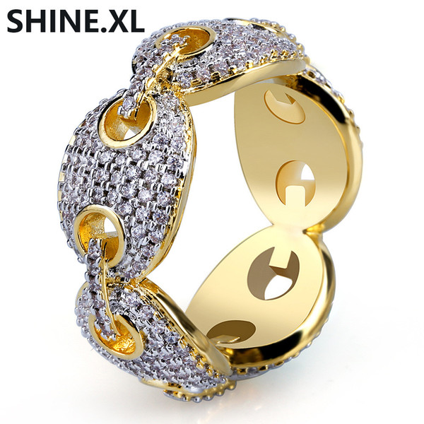 Hip Hop Men Gold Ring Micro Pave Zircon Iced Out Link Chain Ring Fingle Bling Jewelry