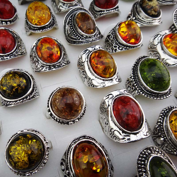 Charms 5pcs Mix large Vintage Amber Antique Silver Retro Womens Mens Rings Wholesale Jewelry Lots Free Shipping A-914