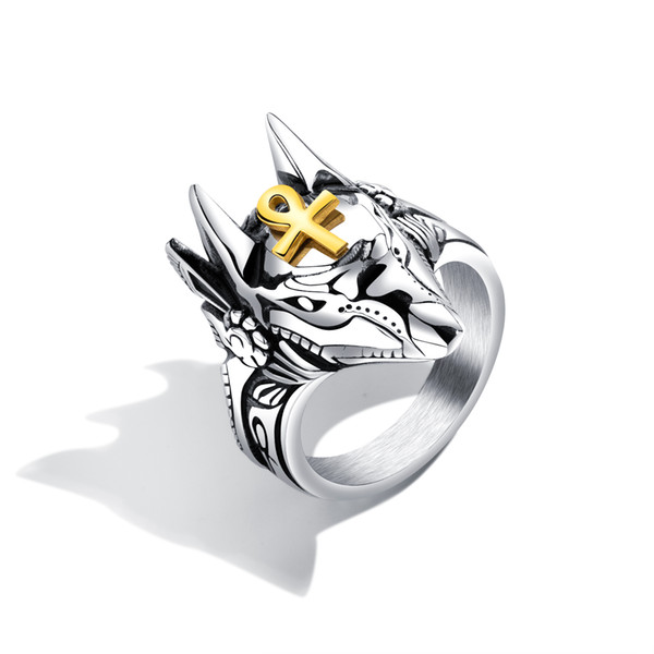 Punk Anubis Egyptian Cross Beast Ring For Men Stainless Steel Ankh Cross Design Motorcycle Finger Ring Cool Jewelry Gift GJ626