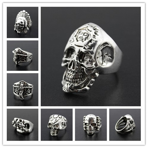 New Gothic Skull Carved Biker Rings Men's Anti-Silver Retro Punk Rings For men s Fashion Jewelry Mixed Styles bulk lots K3012