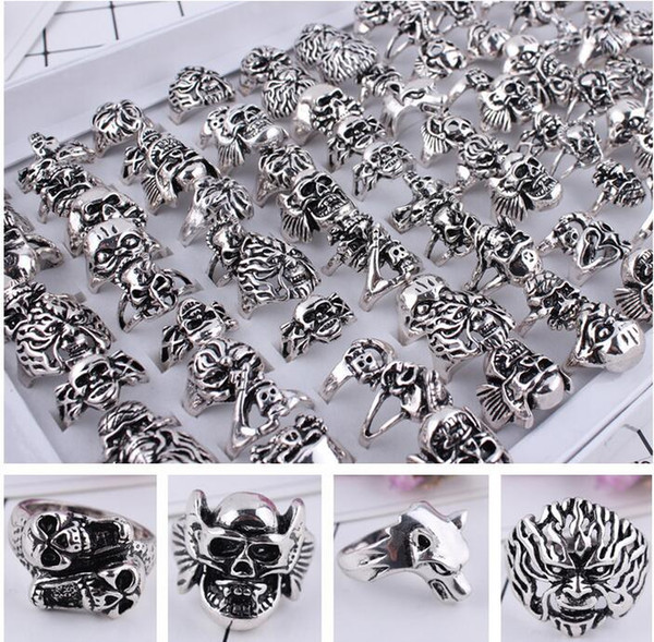 50pcs/lot Gothic Big Skull Ring Men Man Imitation Stainless Steel Bohemian Punk Vintage Jewelry Religion Statement Rings Mixed style size